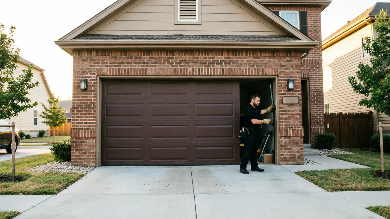 A technician in a black shirt is working on a brown garage door.