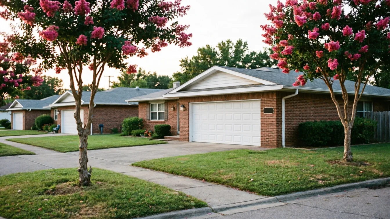 A row of brick houses with white garage doors and pink flowering trees.