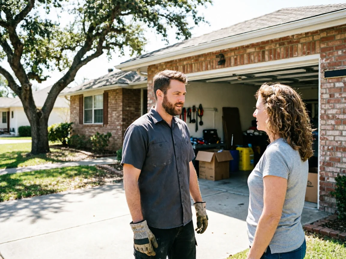 A technician and a woman stand talking in front of an open garage.