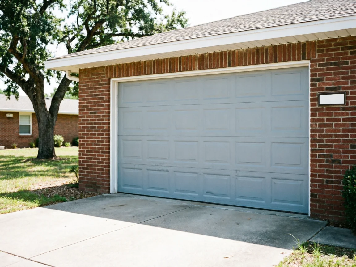 A light blue garage door is on a brick house with a green lawn.