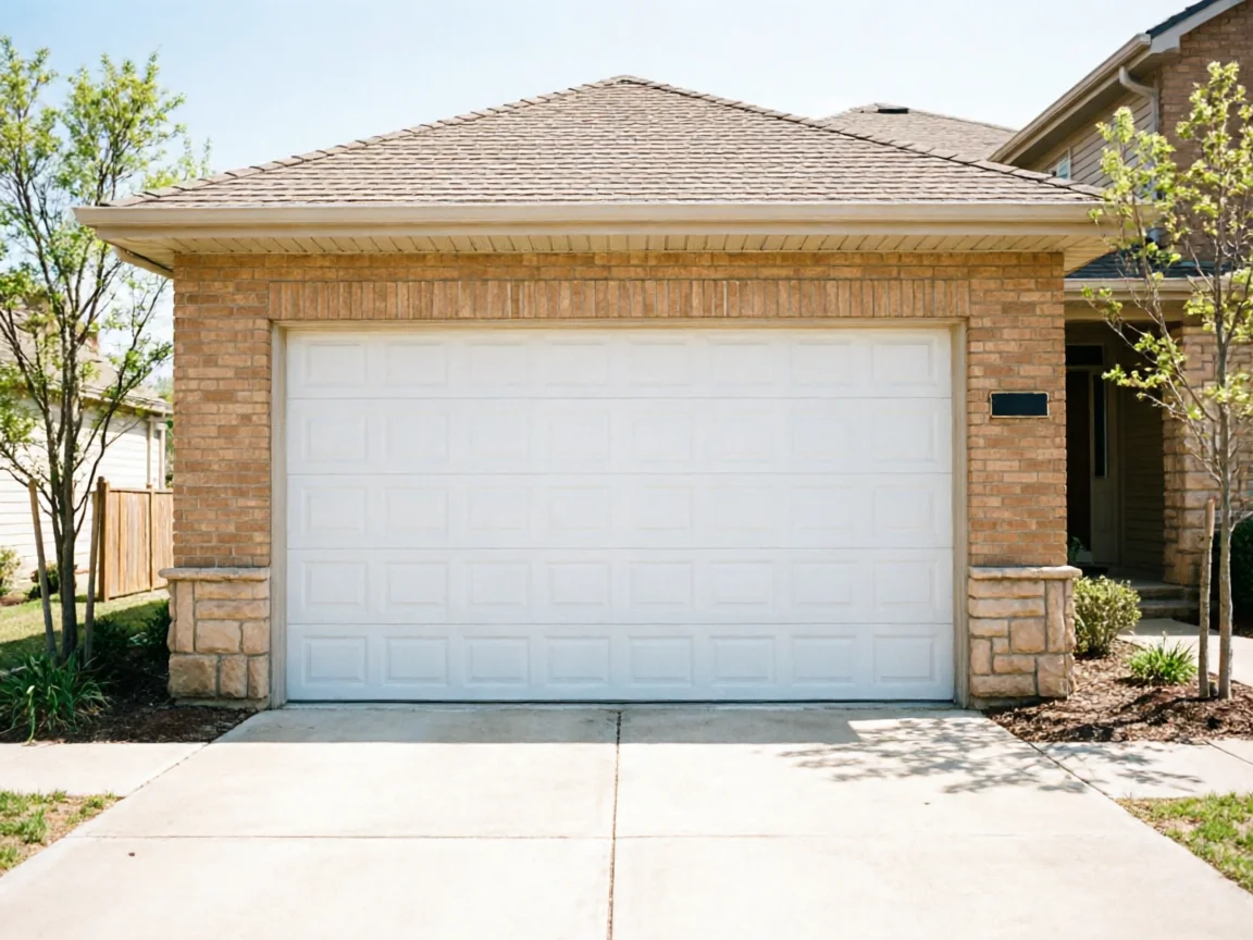 A white paneled garage door is centered on a brick house.