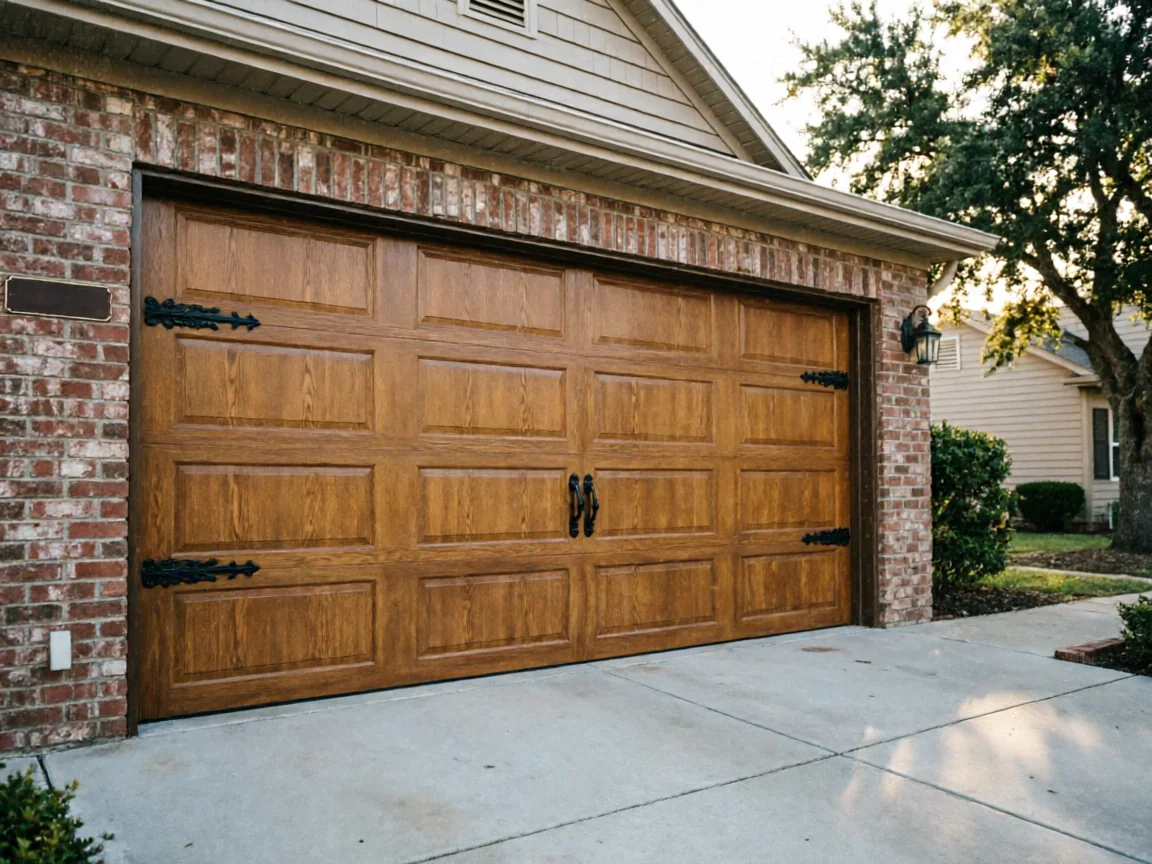 The garage door is brown with black decorative hardware on a brick house.